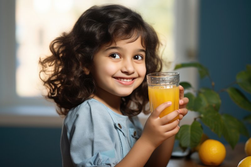 child holding a glass of orange juice